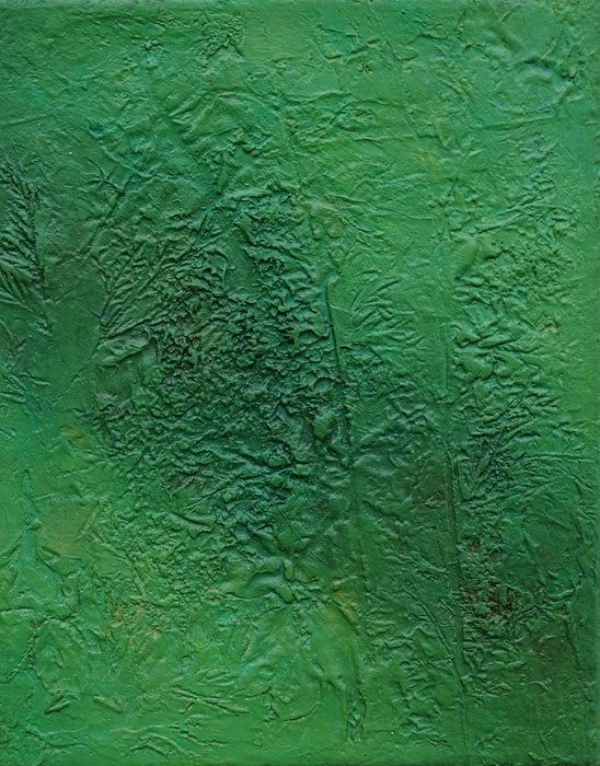 Abstraktes Gemälde „Wei“ in 30 × 24 cm, 2025, grüne Ölmalerei mit organischen Strukturen und Tiefe auf Leinwand – Atelier Hellbusch