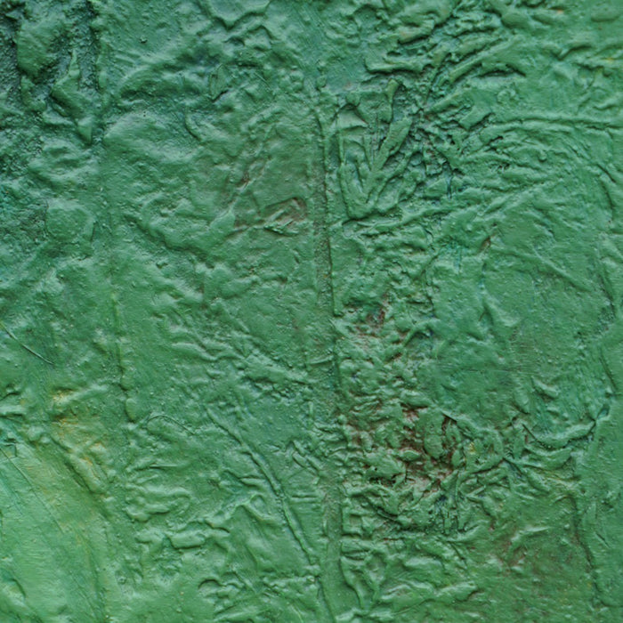 Abstraktes Gemälde „Wei“ in 30 × 24 cm, 2025, grüne Ölmalerei mit organischen Strukturen und Tiefe auf Leinwand (Nahaufnahme) – Atelier Hellbusch