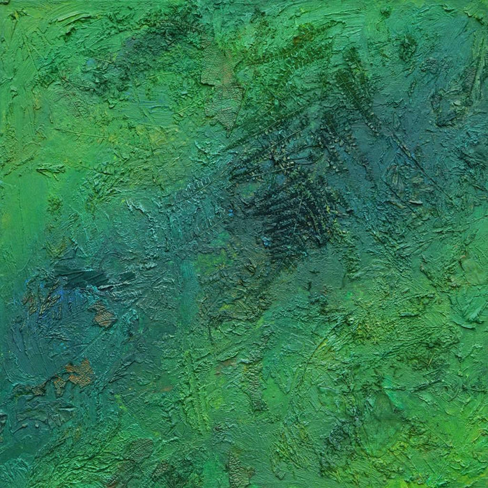 "Yan", 48x45cm, 2025: strukturierte Malerei von Mark Hellbusch in grünen Farben auf Leinwand mit dichter organischer Oberfläche