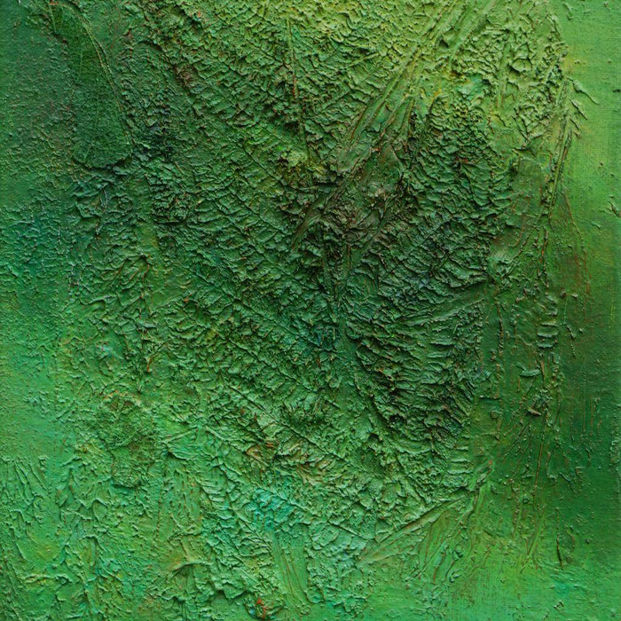 Abstraktes Gemälde „Ahmed“ in 30 × 24 cm, 2025, grüne Malerei mit organischen Strukturen, Acryl und Öl auf Leinwand – Atelier Hellbusch