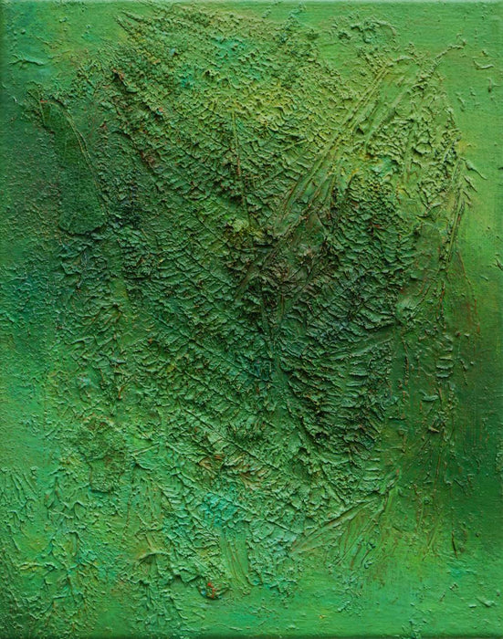Abstraktes Gemälde „Ahmed“ in 30 × 24 cm, 2025, grüne Malerei mit organischen Strukturen, Acryl und Öl auf Leinwand – Atelier Hellbusch