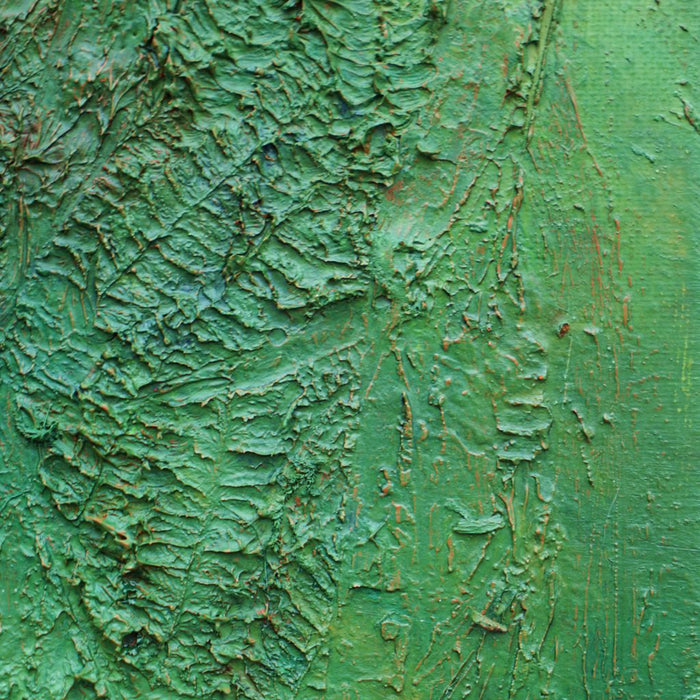 Abstraktes Gemälde „Ahmed“ in 30 × 24 cm, 2025, grüne Malerei mit organischen Strukturen, Acryl und Öl auf Leinwand (Nahaufnahme) – Atelier Hellbusch
