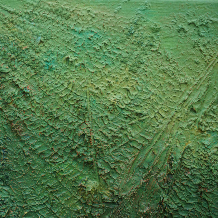 Abstraktes Gemälde „Ahmed“ in 30 × 24 cm, 2025, grüne Malerei mit organischen Strukturen, Acryl und Öl auf Leinwand (Nahaufnahme) – Atelier Hellbusch