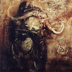 „Redwind and Buffalo“ (2005) – Ölmalerei in fossiler Technik. Ein kraftvoller Büffelmotiv erscheint in erdigen Braun- und Schwarztönen, mit haptischer Struktur durch Blätter- und Zweigabdrücke. Das Gemälde erinnert an archaische Höhlenmalerei und verbindet Naturspuren mit expressiver Tierdarstellung. Atelier Hellbusch.