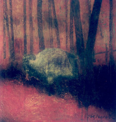 Ölgemälde „Buffalo and Woods“ von 2004: ein Büffel im Wald, Malerei in Rot- und Brauntönen aus der Redwind-Serie, expressive fossile Technik, verkauft, Atelier Hellbusch.