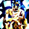 City Limits – Acrylmalerei A1, kubistisch fragmentierte Figur in Blau und Gelb, expressives Jugendwerk 1988, Atelier Hellbusch.