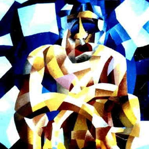 City Limits – Acrylmalerei A1, kubistisch fragmentierte Figur in Blau und Gelb, expressives Jugendwerk 1988, Atelier Hellbusch.