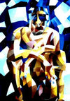 City Limits – Acrylmalerei A1, kubistisch fragmentierte Figur in Blau und Gelb, expressives Jugendwerk 1988, Atelier Hellbusch.