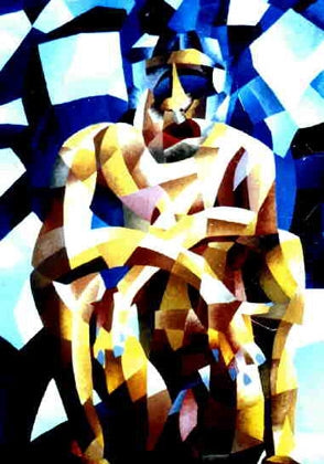 City Limits – Acrylmalerei A1, kubistisch fragmentierte Figur in Blau und Gelb, expressives Jugendwerk 1988, Atelier Hellbusch.