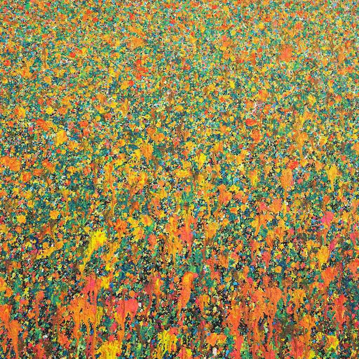 Abstraktes Kunstwerk Claim 144 mit intensiven Orange-, Grün- und Türkistönen – exklusive Wandkunst aus Frankfurt, 80x60 cm, Acryl und Lack auf Leinwand. Atelier Hellbusch