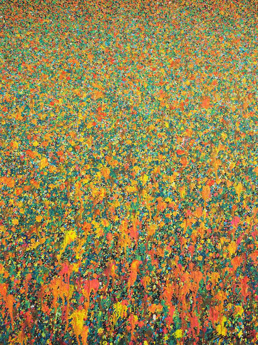 Abstraktes Kunstwerk Claim 144 mit intensiven Orange-, Grün- und Türkistönen – exklusive Wandkunst aus Frankfurt, 80x60 cm, Acryl und Lack auf Leinwand. Atelier Hellbusch