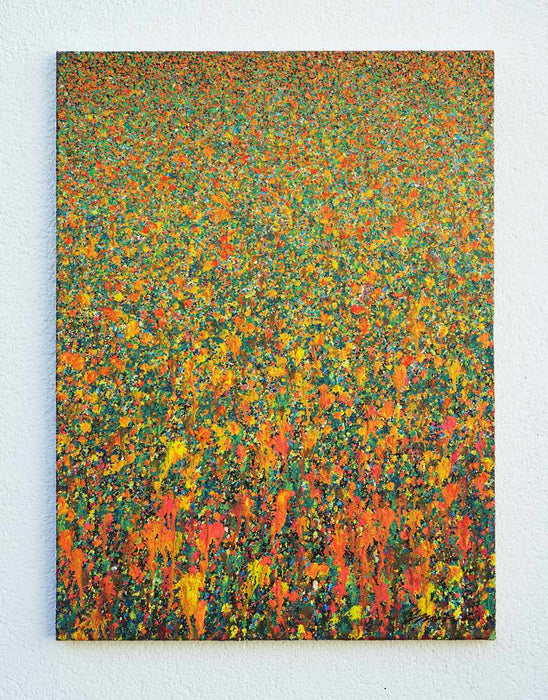 Abstraktes Kunstwerk Claim 144 mit intensiven Orange-, Grün- und Türkistönen – exklusive Wandkunst aus Frankfurt, 80x60 cm, Acryl und Lack auf Leinwand. Atelier Hellbusch