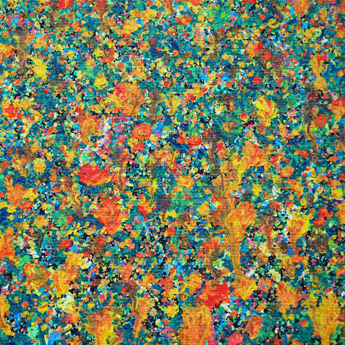 Abstraktes Kunstwerk Claim 144 mit intensiven Orange-, Grün- und Türkistönen – exklusive Wandkunst aus Frankfurt, 80x60 cm, Acryl und Lack auf Leinwand (Nahaufnahme). Atelier Hellbusch