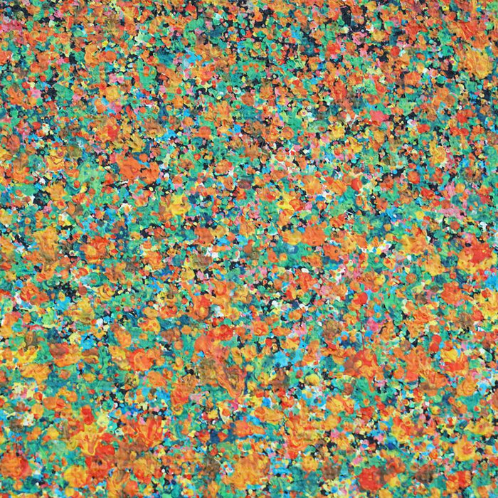 Abstraktes Kunstwerk Claim 144 mit intensiven Orange-, Grün- und Türkistönen – exklusive Wandkunst aus Frankfurt, 80x60 cm, Acryl und Lack auf Leinwand (Nahaufnahme). Atelier Hellbusch