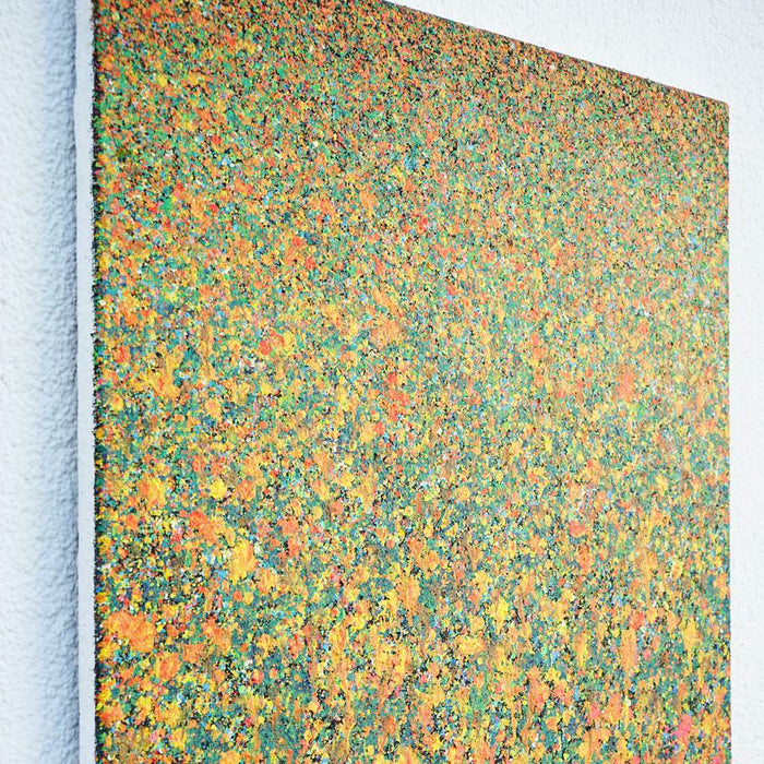 Abstraktes Kunstwerk Claim 144 mit intensiven Orange-, Grün- und Türkistönen – exklusive Wandkunst aus Frankfurt, 80x60 cm, Acryl und Lack auf Leinwand (Seitenaufnahme). Atelier Hellbusch