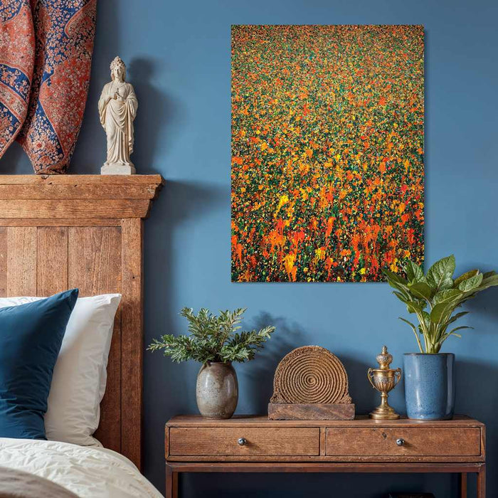 Abstraktes Kunstwerk Claim 144 mit intensiven Orange-, Grün- und Türkistönen – exklusive Wandkunst aus Frankfurt, 80x60 cm, Acryl und Lack auf Leinwand. Atelier Hellbusch