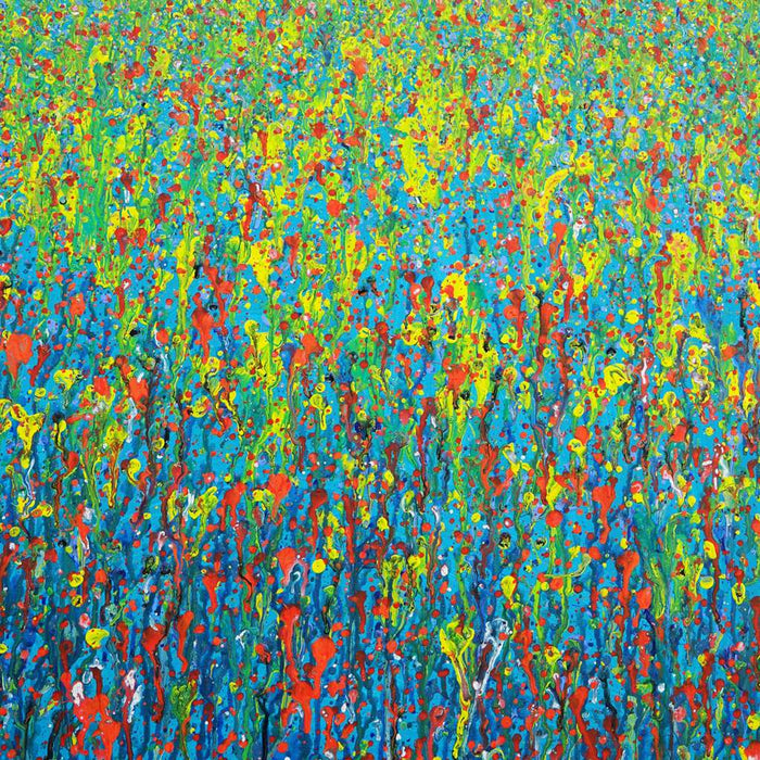 Claim 145 ist ein abstraktes Kunstwerk in Blau, Grün und Rot. Für Designliebhaber, die Ausdruck und Energie in ihre Räume bringen möchten. Acryl auf Leinwand, 80x60 cm. Atelier Hellbusch