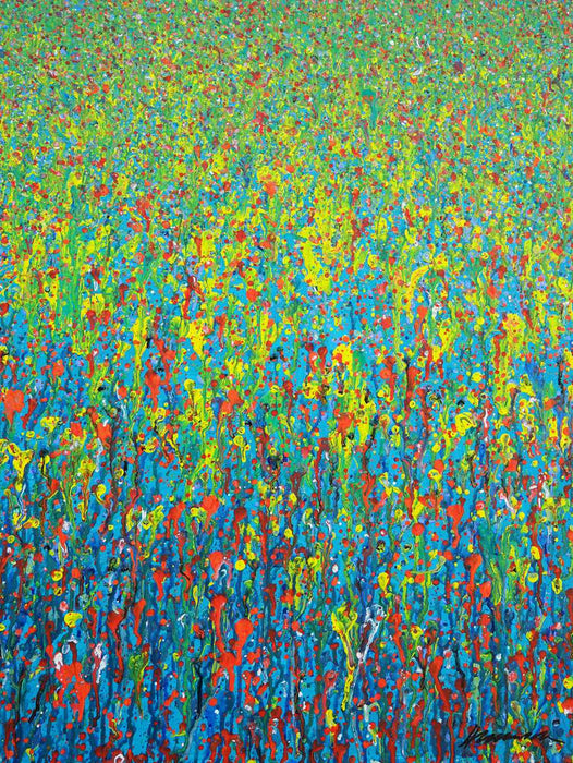 Claim 145 ist ein abstraktes Kunstwerk in Blau, Grün und Rot. Für Designliebhaber, die Ausdruck und Energie in ihre Räume bringen möchten. Acryl auf Leinwand, 80x60 cm. Atelier Hellbusch