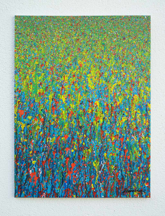 Claim 145 ist ein abstraktes Kunstwerk in Blau, Grün und Rot. Für Designliebhaber, die Ausdruck und Energie in ihre Räume bringen möchten. Acryl auf Leinwand, 80x60 cm. Atelier Hellbusch