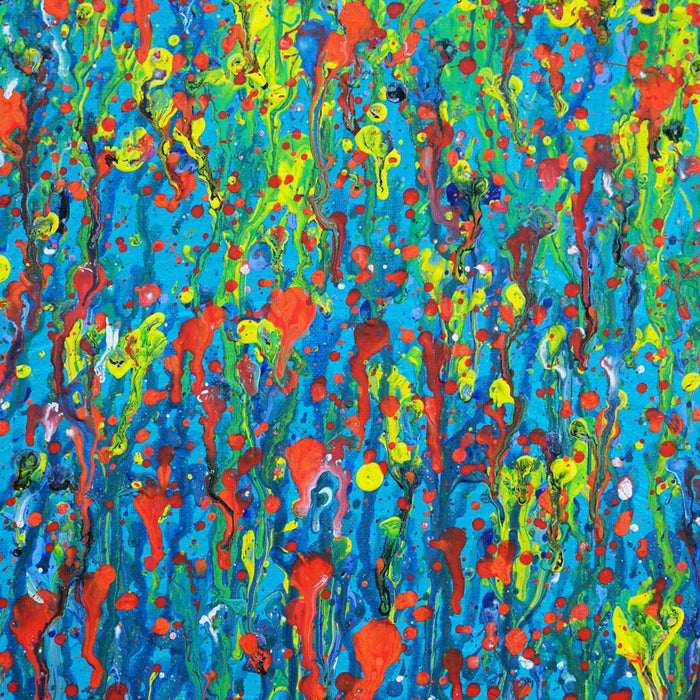 Claim 145 ist ein abstraktes Kunstwerk in Blau, Grün und Rot. Für Designliebhaber, die Ausdruck und Energie in ihre Räume bringen möchten. Acryl auf Leinwand, 80x60 cm (Nahaufnahme). Atelier Hellbusch