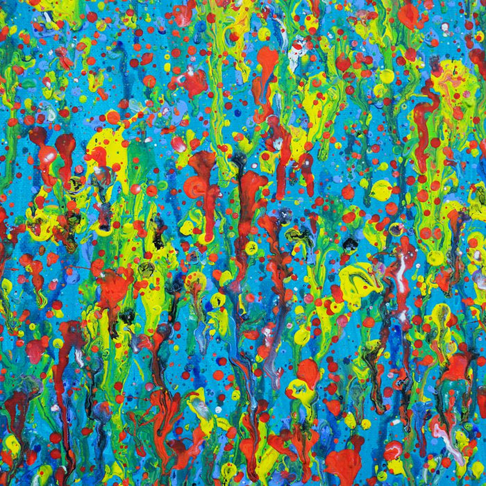 Claim 145 ist ein abstraktes Kunstwerk in Blau, Grün und Rot. Für Designliebhaber, die Ausdruck und Energie in ihre Räume bringen möchten. Acryl auf Leinwand, 80x60 cm (Nahaufnahme). Atelier Hellbusch