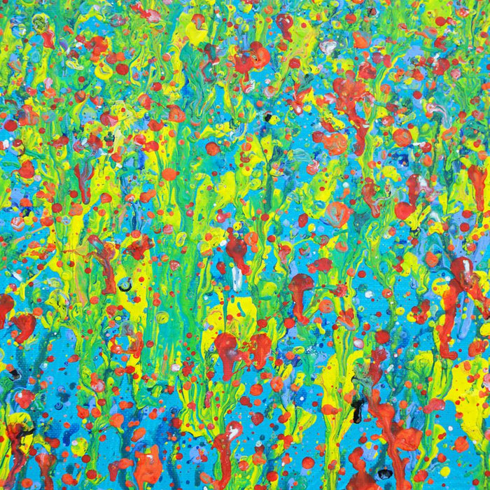 Claim 145 ist ein abstraktes Kunstwerk in Blau, Grün und Rot. Für Designliebhaber, die Ausdruck und Energie in ihre Räume bringen möchten. Acryl auf Leinwand, 80x60 cm (Nahaufnahme). Atelier Hellbusch