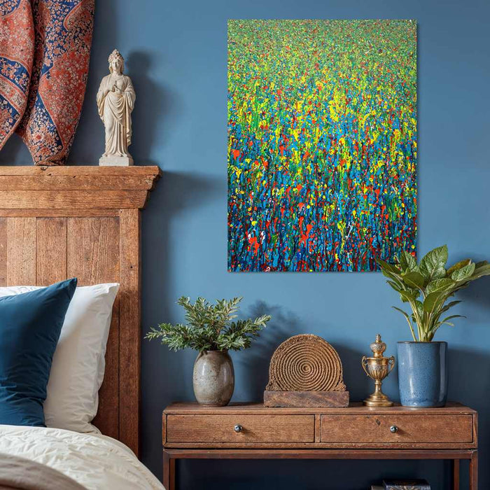 Claim 145 ist ein abstraktes Kunstwerk in Blau, Grün und Rot. Für Designliebhaber, die Ausdruck und Energie in ihre Räume bringen möchten. Acryl auf Leinwand, 80x60 cm (in Situation). Atelier Hellbusch