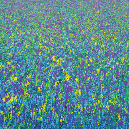 Abstraktes Kunstwerk in Grün, Violett und Gelb – Claim 146 – inspiriert von Natur und Harmonie, Acryl auf Leinwand, 72x103 cm. Atelier Hellbusch