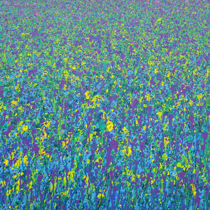 Abstraktes Kunstwerk in Grün, Violett und Gelb – Claim 146 – inspiriert von Natur und Harmonie, Acryl auf Leinwand, 72x103 cm. Atelier Hellbusch