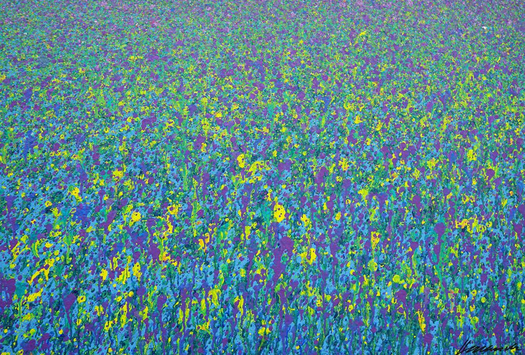 Abstraktes Kunstwerk in Grün, Violett und Gelb – Claim 146 – inspiriert von Natur und Harmonie, Acryl auf Leinwand, 72x103 cm. Atelier Hellbusch