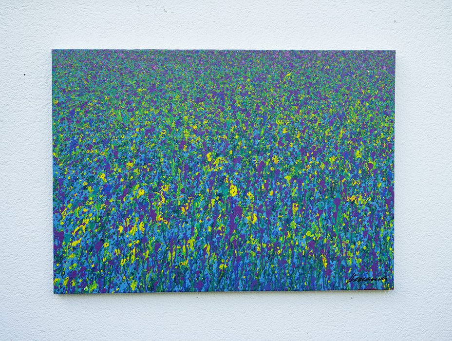 Abstraktes Kunstwerk in Grün, Violett und Gelb – Claim 146 – inspiriert von Natur und Harmonie, Acryl auf Leinwand, 72x103 cm. Atelier Hellbusch