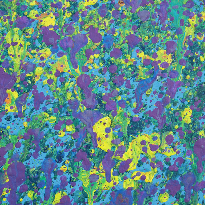 Abstraktes Kunstwerk in Grün, Violett und Gelb – Claim 146 – inspiriert von Natur und Harmonie, Acryl auf Leinwand, 72x103 cm (Ausschnitt). Atelier Hellbusch