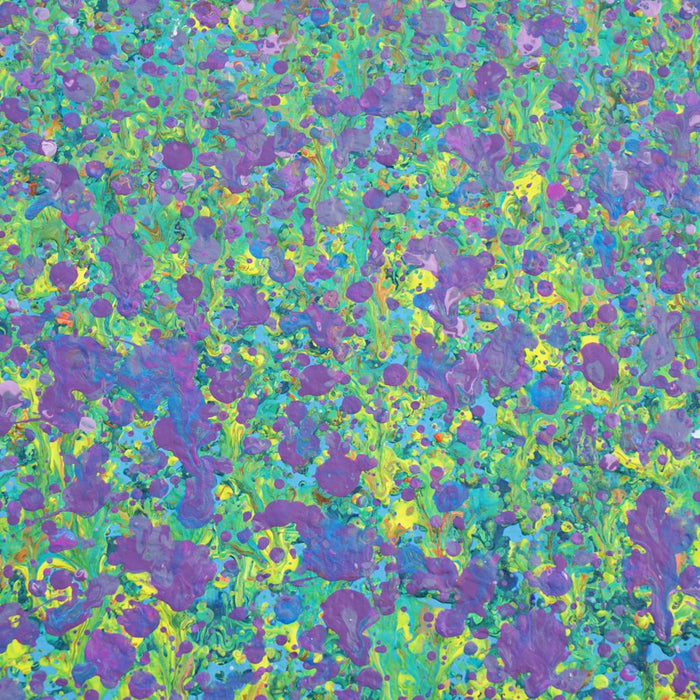 Abstraktes Kunstwerk in Grün, Violett und Gelb – Claim 146 – inspiriert von Natur und Harmonie, Acryl auf Leinwand, 72x103 cm (Ausschnitt). Atelier Hellbusch