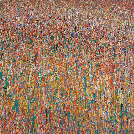 Claim 33 - Abstraktes Landschaftsbild mit Farbverläufen (80 x 110 cm). Bunte Farben - insbesondere rot aber auch gelb, weiß, grün, blau, orange sowie deren Vermischungen ergeben ein abstraktes Farbfeld. Oben im Bild sind bunte Farbpunkte zu sehen. Nach unten hin verwandeln sich die Punkte in Farbstriche. Die Striche werden immer länger, so dass das abstrakte Gemälde an eine Wiese erinnert. Abstraktes Landschaftsbild ARTLET - Atelier Hellbusch.