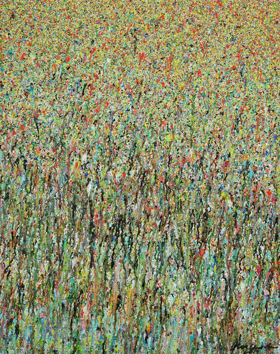 Abstraktes Acrylgemälde (80x100 cm) aus der Serie „Organic Grounds“. Lebendige Struktur aus vertikal verlaufenden Farbschichten in Grün, Rot, Blau, Weiß und Braun. Dichte Textur erinnert an organische Muster oder Wiesenlandschaften. Ausdrucksstarke, naturinspirierte Farbkomposition.