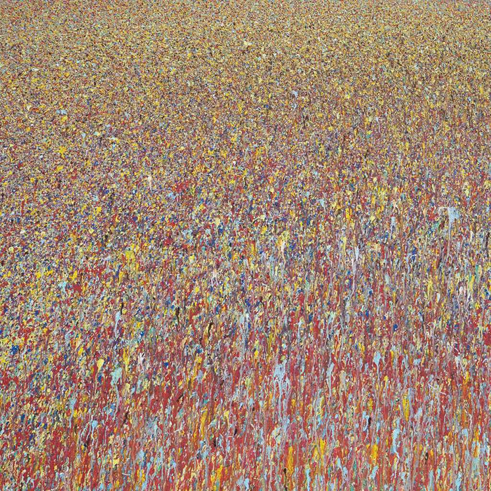 Abstraktes Acrylgemälde „Claim 1“ (110 × 100 cm, 2019) mit gestischer, vertikaler Farbstruktur in Rot, Gelb, Blau und Weiß. Ursprungswerk der Serie – Atelier Hellbusch.