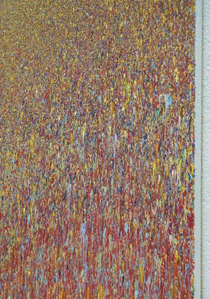 Claim 1 ist ein abstraktes Gemälde von Mark Hellbusch (120x110 cm) aus der Serie 'Organic Grounds'. Das Werk zeigt experimentelle Malerei auf Leinwand mit warmen und bunten Farben, darunter dominierende Gelb-, Rot- und Blautöne. Die dynamische, texturierte Komposition erinnert an ein blühendes Feld (Seitenansicht). ARTLET - Atelier Hellbusch