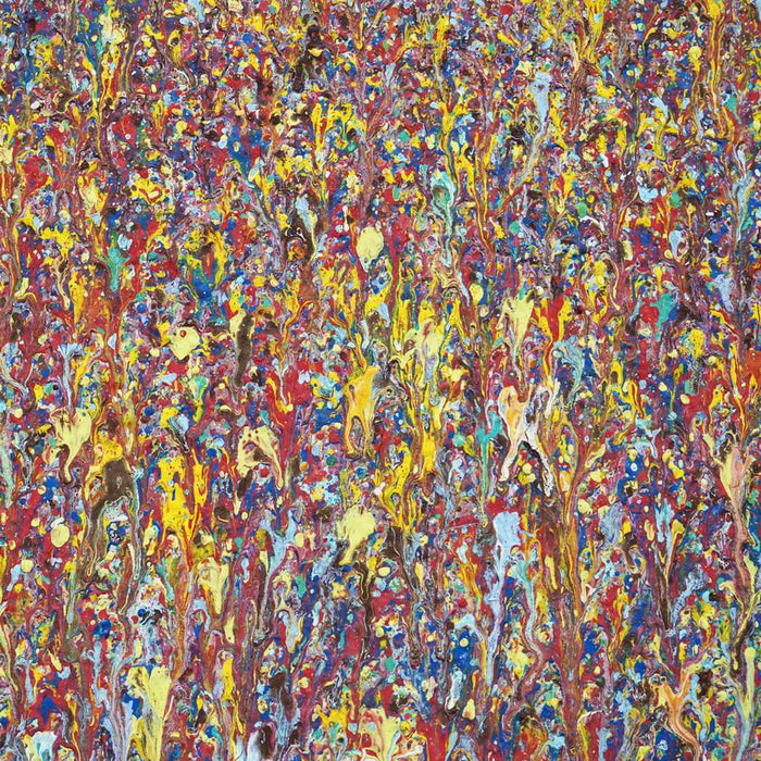 Abstraktes Acrylgemälde „Claim 1“ (110 × 100 cm, 2019) mit gestischer, vertikaler Farbstruktur in Rot, Gelb, Blau und Weiß. Ursprungswerk der Serie – Atelier Hellbusch.