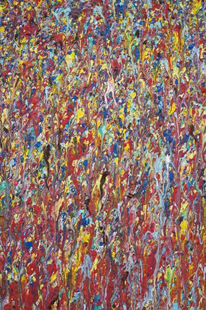Claim 1 ist ein abstraktes Gemälde von Mark Hellbusch (120x110 cm) aus der Serie 'Organic Grounds'. Das Werk zeigt experimentelle Malerei auf Leinwand mit warmen und bunten Farben, darunter dominierende Gelb-, Rot- und Blautöne. Die dynamische, texturierte Komposition erinnert an ein blühendes Feld (Zoom). ARTLET - Atelier Hellbusch