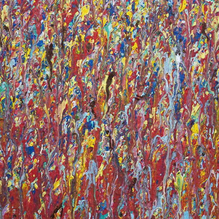 Abstraktes Acrylgemälde „Claim 1“ (110 × 100 cm, 2019) mit gestischer, vertikaler Farbstruktur in Rot, Gelb, Blau und Weiß. Ursprungswerk der Serie – Atelier Hellbusch.