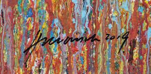 Claim 1 ist ein abstraktes Gemälde von Mark Hellbusch (120x110 cm) aus der Serie 'Organic Grounds'. Das Werk zeigt experimentelle Malerei auf Leinwand mit warmen und bunten Farben, darunter dominierende Gelb-, Rot- und Blautöne. Die dynamische, texturierte Komposition erinnert an ein blühendes Feld (Unterschrift). ARTLET - Atelier Hellbusch