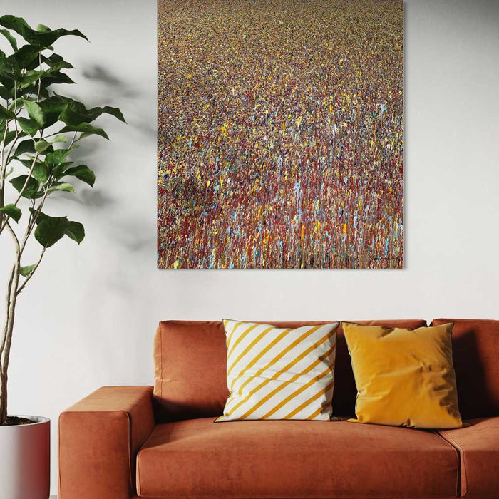 Abstraktes Acrylgemälde „Claim 1“ (110 × 100 cm, 2019) mit gestischer, vertikaler Farbstruktur in Rot, Gelb, Blau und Weiß. Ursprungswerk der Serie – Atelier Hellbusch.