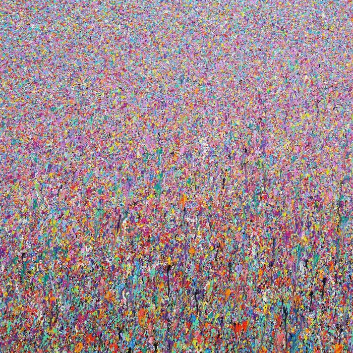 Abstraktes Gemälde 'Claim 106' von Mark Hellbusch (110x100 cm), das eine moderne Landschaft in lebhaften Pink- und anderen bunten Farben darstellt. Die dynamische Textur und die dichte Farbschichtung schaffen eine beeindruckende visuelle Tiefe.