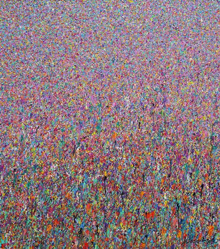 Abstraktes Gemälde 'Claim 106' von Mark Hellbusch (110x100 cm), das eine moderne Landschaft in lebhaften Pink- und anderen bunten Farben darstellt. Die dynamische Textur und die dichte Farbschichtung schaffen eine beeindruckende visuelle Tiefe.