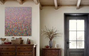 Abstraktes Gemälde 'Claim 106' von Mark Hellbusch (110x100 cm), das eine moderne Landschaft in lebhaften Pink- und anderen bunten Farben darstellt. Die dynamische Textur und die dichte Farbschichtung schaffen eine beeindruckende visuelle Tiefe (situ).