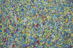 Kunstwerk 'Claim 107' (90x130 cm) von Mark Hellbusch, 2024, zeigt eine dichte, lebendige Anordnung von Farbspritzern in Blau, Gelb und Violett. Diese abstrakte Komposition erzeugt eine faszinierende visuelle Textur, die die Energie und Kreativität des Künstlers widerspiegelt (Nahaufnahme).