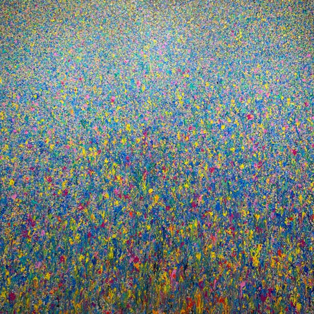 Abstraktes Acrylgemälde in Blautönen mit farbigen Akzenten von Mark Hellbusch – Claim 122, 100 x 120 cm, 2019.