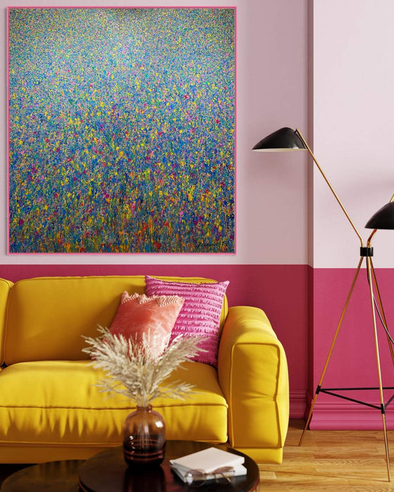 Abstraktes Acrylgemälde in Blautönen mit farbigen Akzenten von Mark Hellbusch – Claim 122, 100 x 120 cm, 2019.