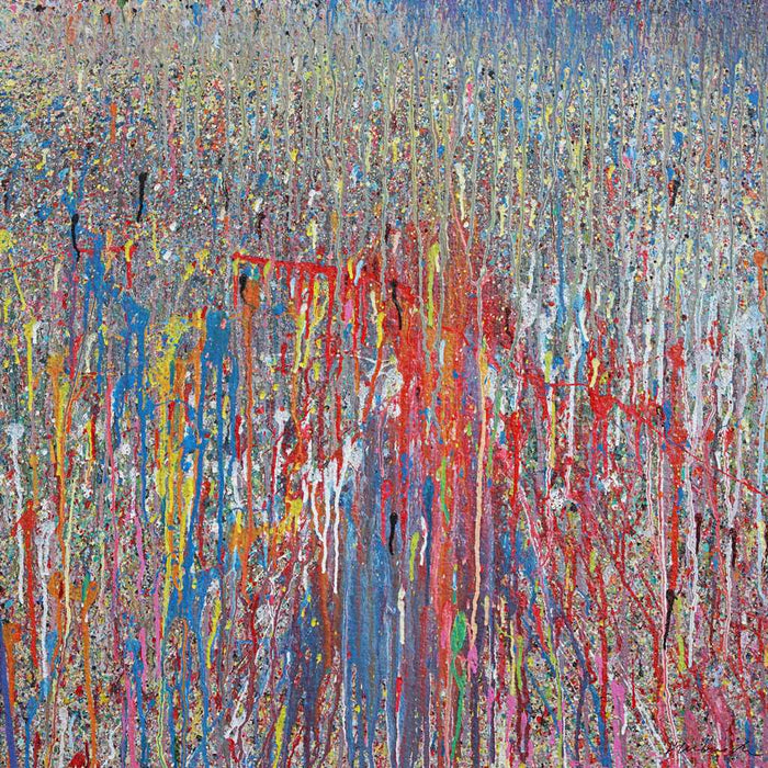 Abstraktes Acrylgemälde (80x80 cm) mit dynamischer Farbstruktur aus Tropfen und Linien in Rot, Blau, Weiß, Gelb, Pink und Orange. Vertikale und diagonale Bewegung erzeugen Tiefe und Energie. Kraftvolles Werk aus der Serie „Organic Grounds“, heute in Privatbesitz.