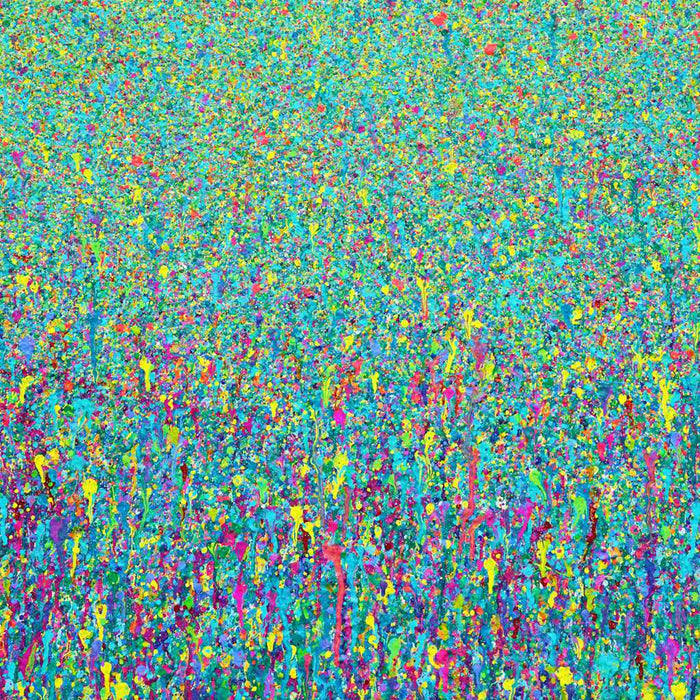 Abstrakte moderne Kunst in Blau mit pink-gelben Farbakzenten von Mark Hellbusch – Claim 141, 70x100 cm, 2025